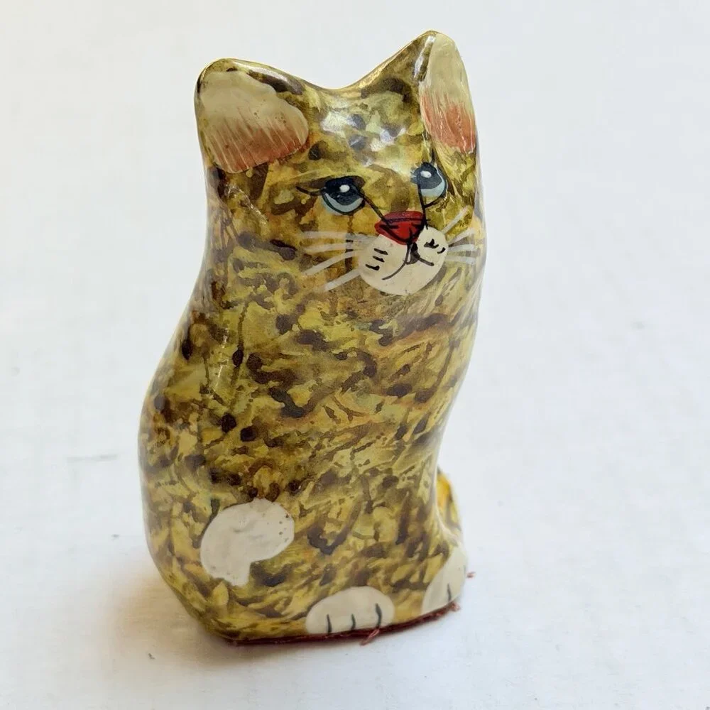 Vintage Paper Mache Cat Folk Art Handmade Painted Bow Kitty Figurine Decor Gift